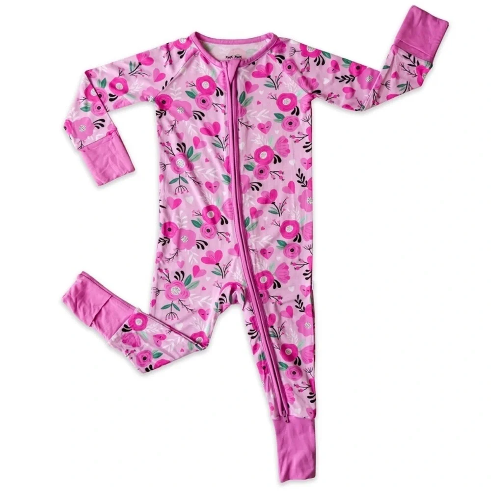 Little Sleepies Sweetheart Floral Zippy Girls 12-18M Bamboo Sleeper Pajamas Pink
